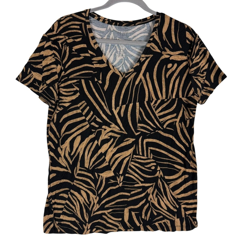 Nine West Shirt Womens Medium Black Animal Print V Neck‎ Short Sleeve Stretch